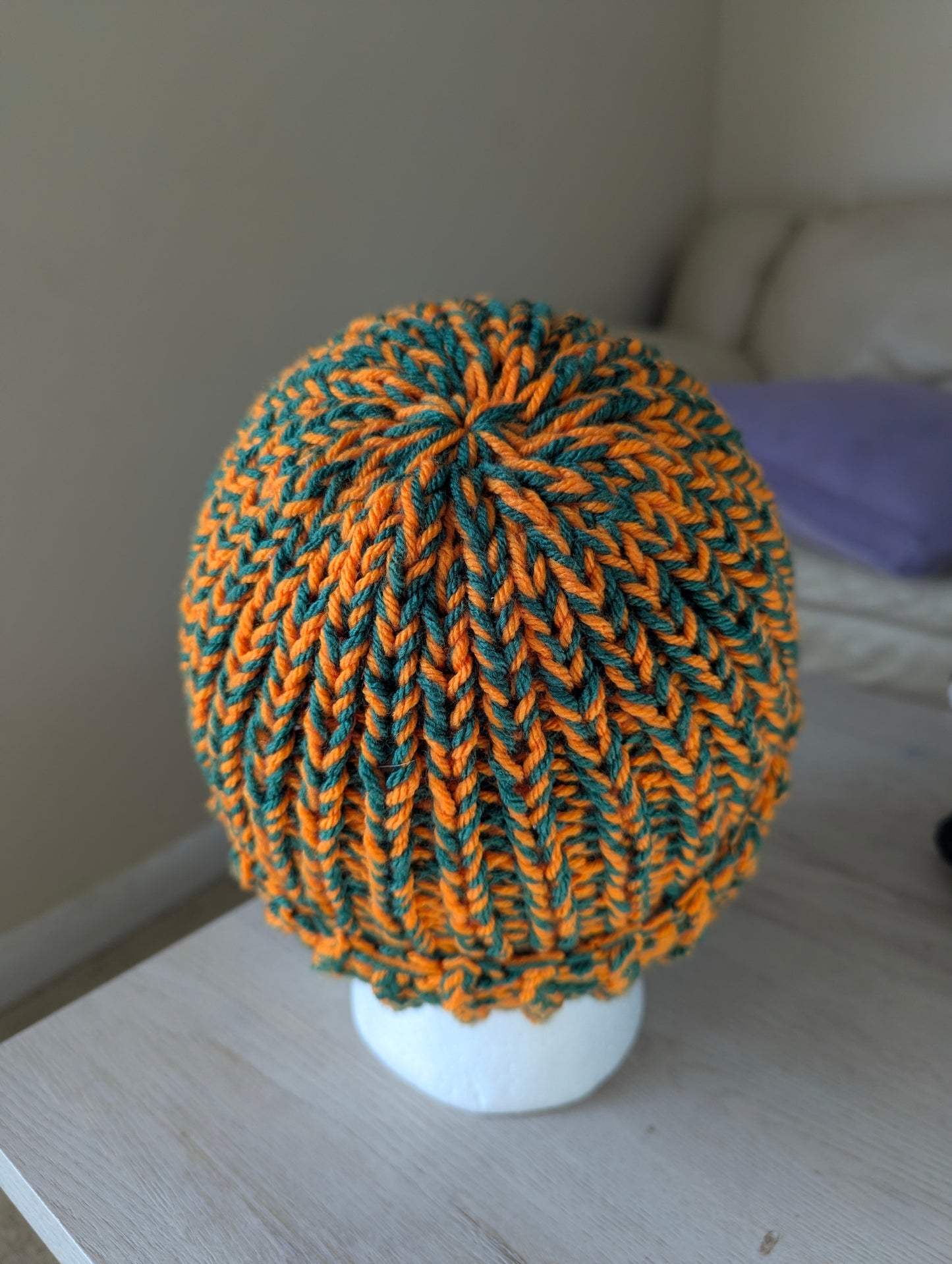 Chunky Knit Beanie - Orange & Green