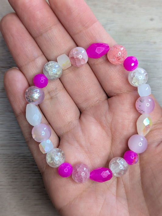 Glass Bead Bracelet Pink & White - 10mm