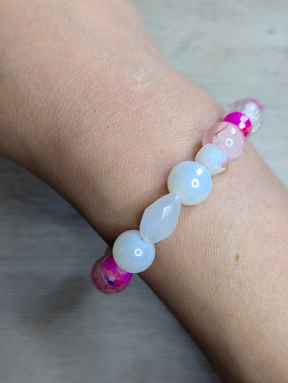 Glass Bead Bracelet Pink & White - 10mm