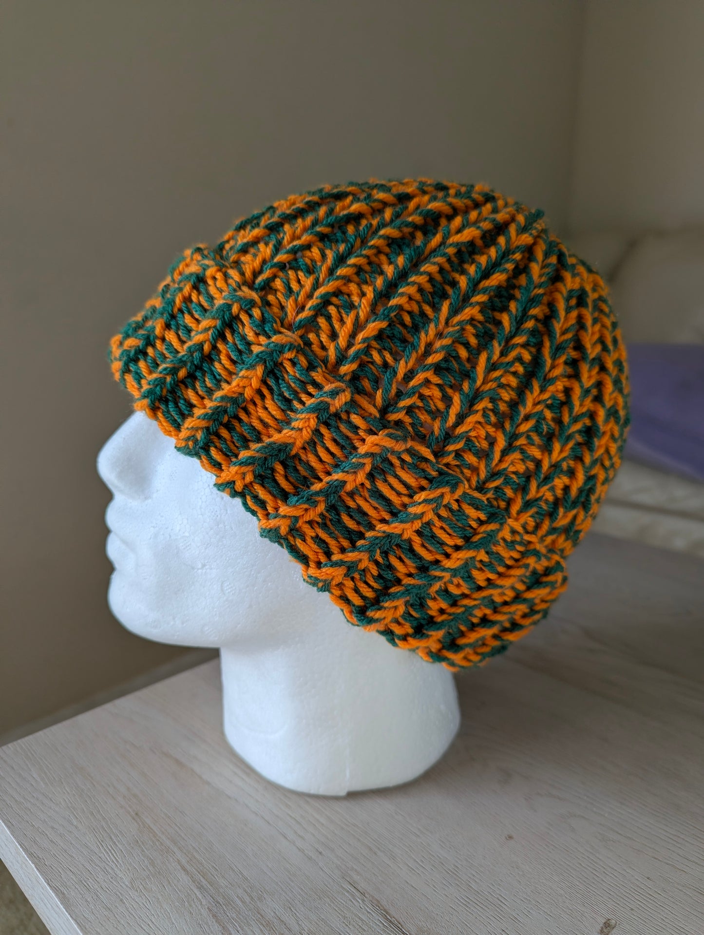 Chunky Knit Beanie - Orange & Green