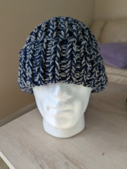 Chunky Knit Beanie - Blue & Gray