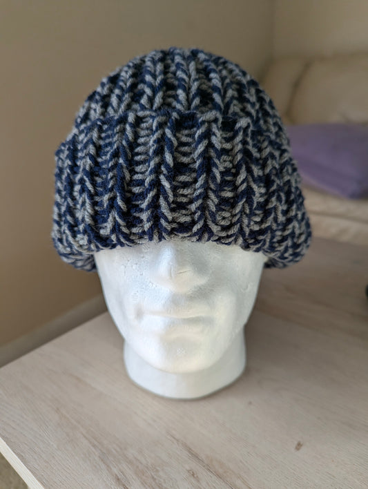 Chunky Knit Beanie - Blue & Gray
