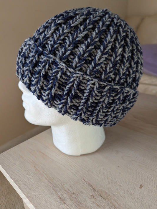 Chunky Knit Beanie - Blue & Gray