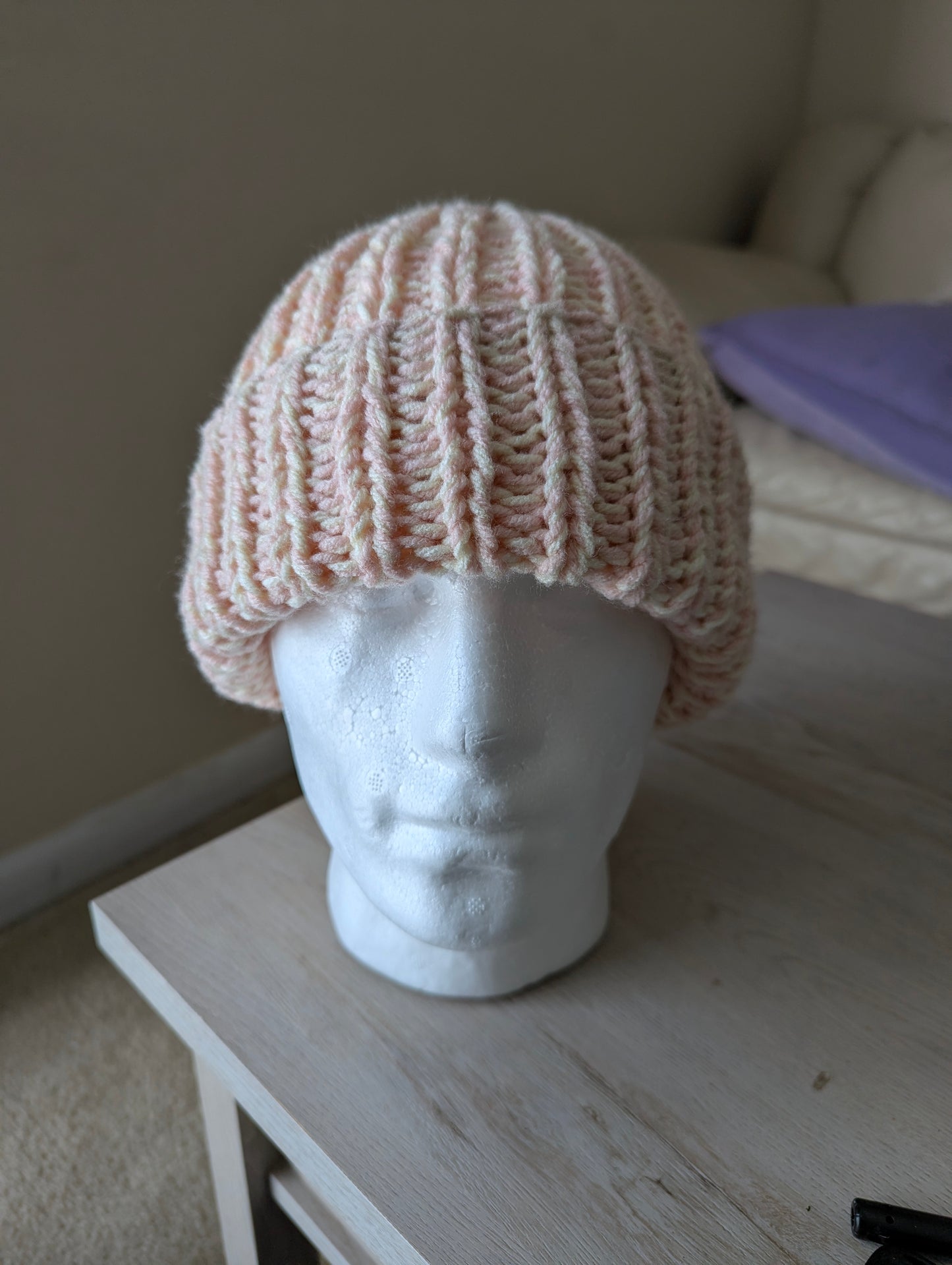 Chunky Knit Beanie - Pink & Light Beige