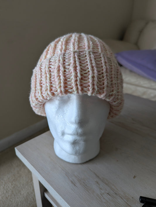 Chunky Knit Beanie - Pink & Light Beige