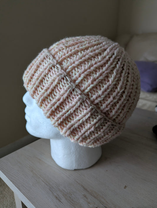 Chunky Knit Beanie - Pink & Light Beige