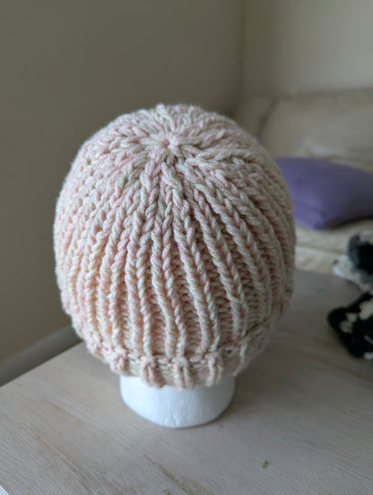 Chunky Knit Beanie - Pink & Light Beige